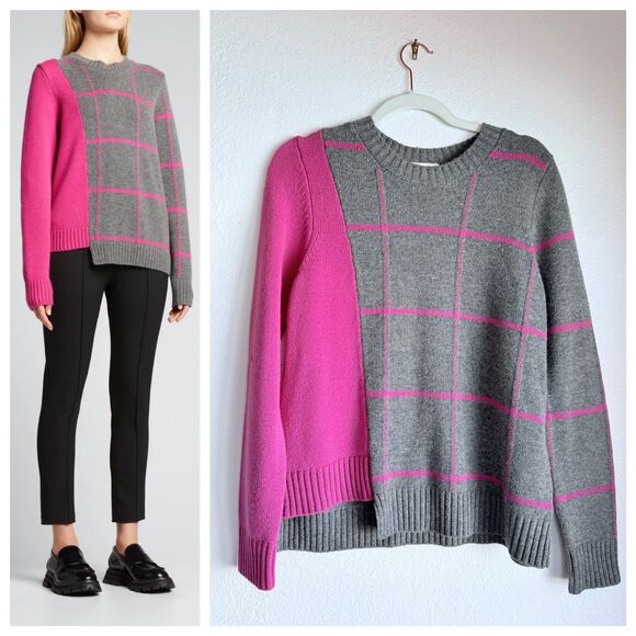 MILLY Intarsia Windowpane Sweater in Grey & Hot Pink Wool Cashmere Blend Size S - Picture 1 of 15